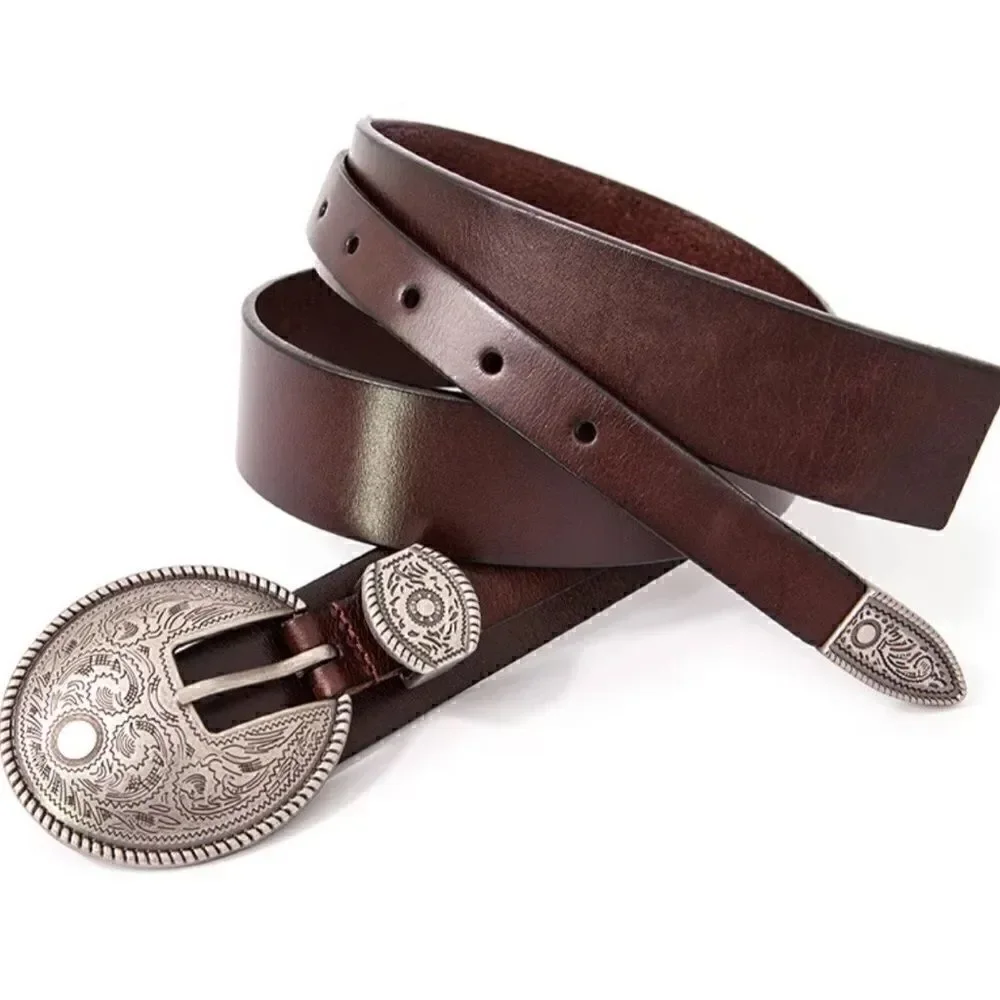 Vintage Style Genuine leather Belt with Floral Engraved Pattern Buckle